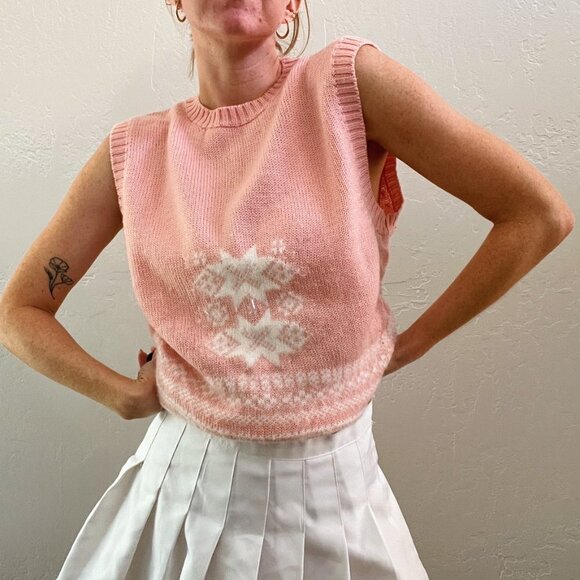 Vintage Pink 100% Wool Snowflake Sweater Vest - Picture 1 of 5